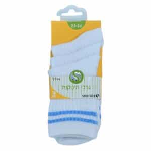 גרבי תינוקות  שלישיה לבן פסים צבעים - תכלת, 12-18